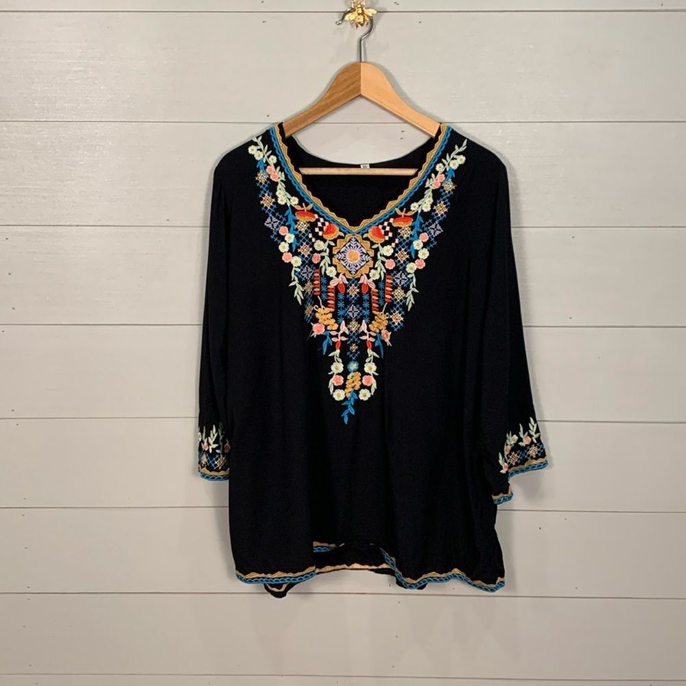 Vibrant Embroidered Black Tunic Top